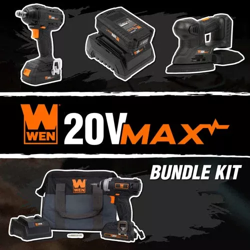 WEN 20V Cordless Impact Driver, Sander, and Impact Wrench Bundle with Two Batteries, Two Chargers, and Tool Bag